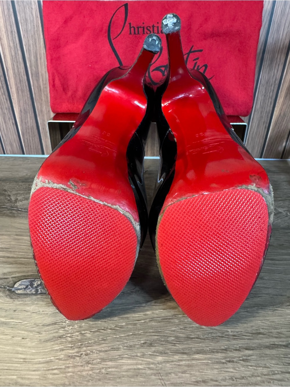 Christian Louboutin Black Patent Peep-Toe Red Bottom Platform Pumps, Size 36 - Picture 3 of 16